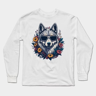 Colorful Wolf with Flowers Long Sleeve T-Shirt